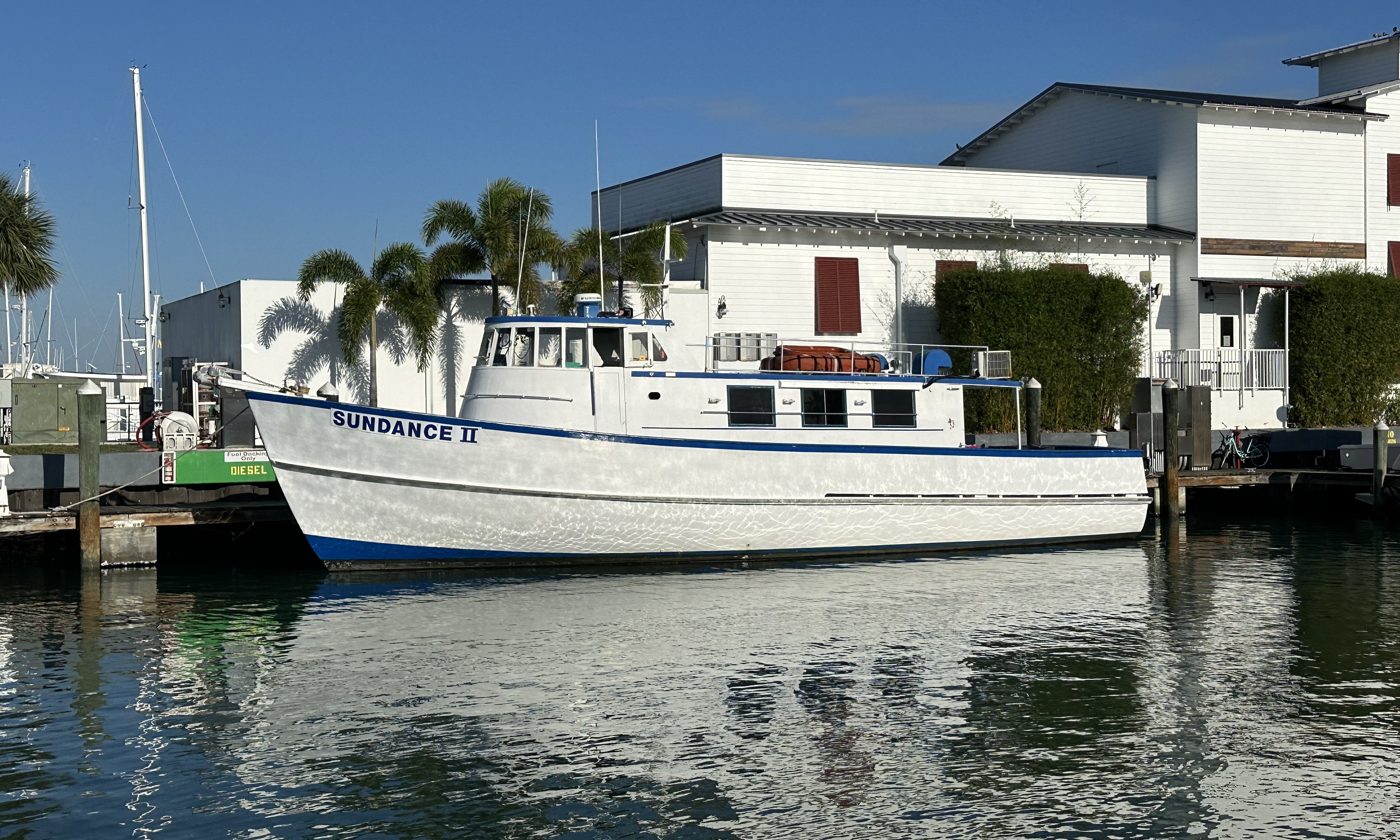 The camp head boat, a 55-foot wooden vessel built in Maine in 1969, at the dock